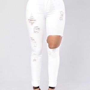 High waist white distressed jeans